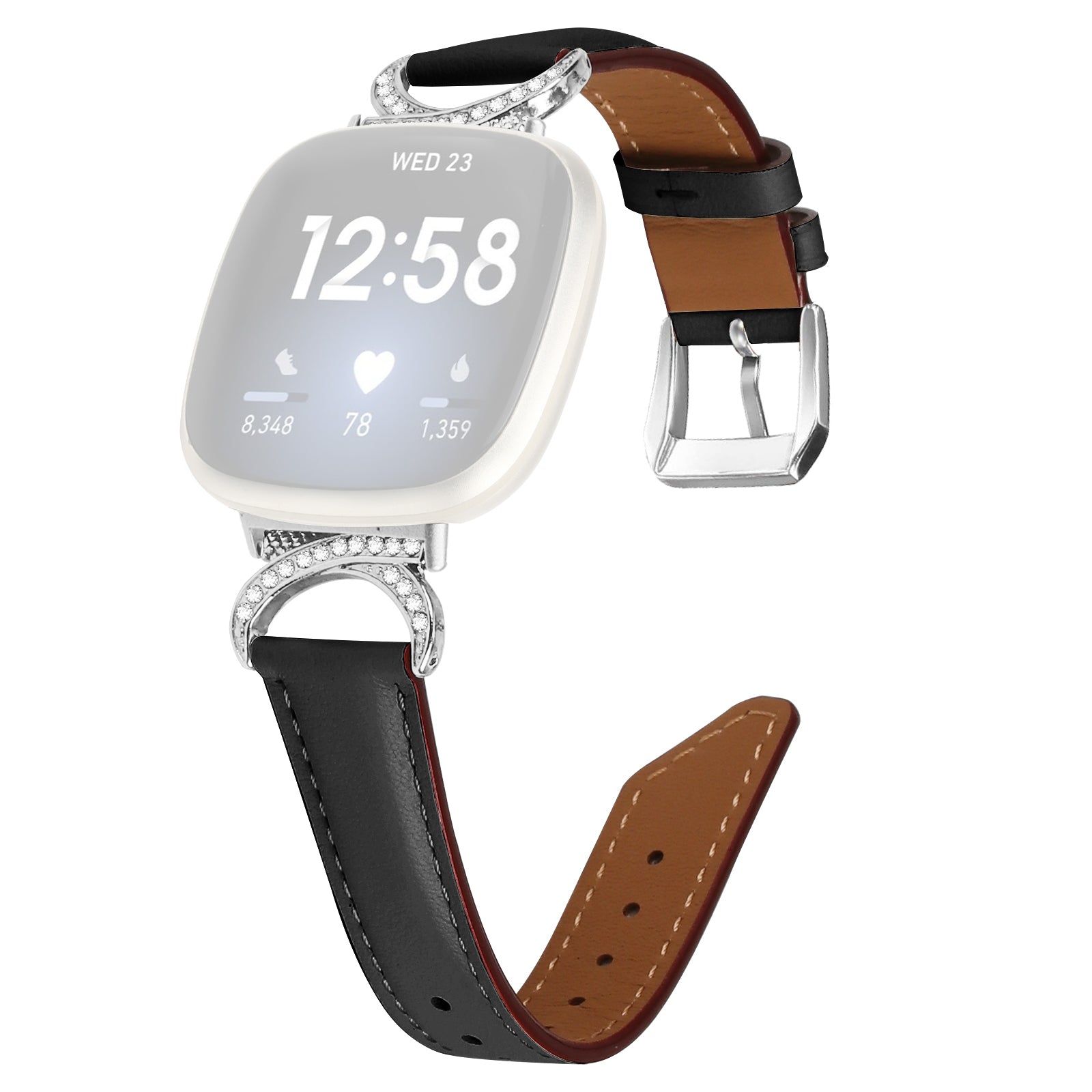 For Fitbit Versa 3 Versa 4 Sense Sense 2 Rhinestone D-shape Connector Wrist Band Split Leather Watch Strap with Silver Buckle For Fitbit Versa 3 Versa 4 Sense Sense 2 Rhinestone D-shape Connector Wrist Band Split Leather Watch Strap with Silver Buckle